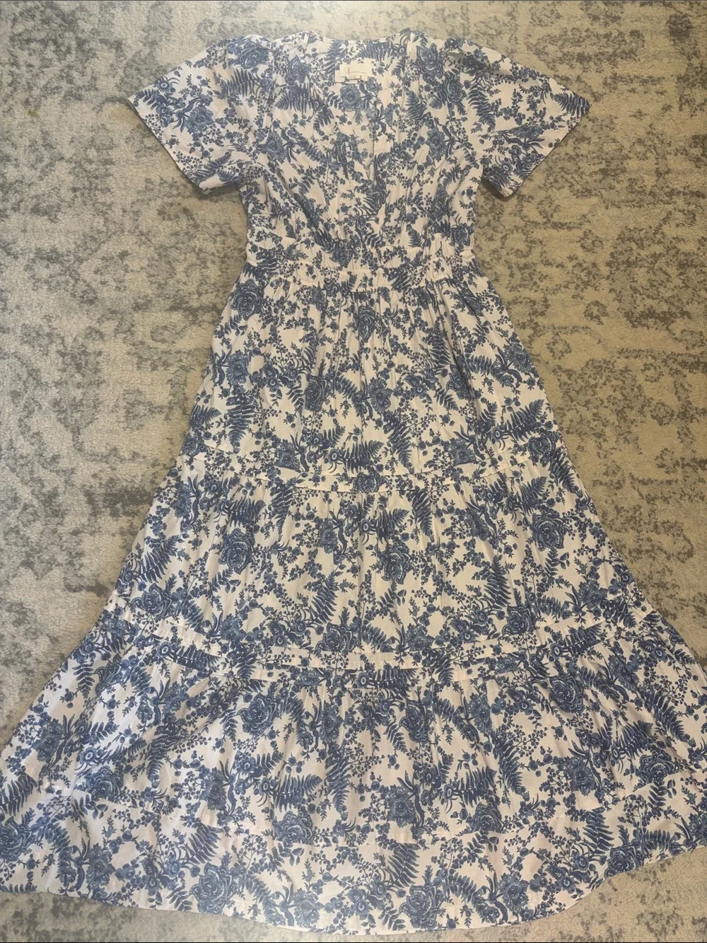 Anthropologie White and Blue Floral Somerset Tiered Maxi Dress